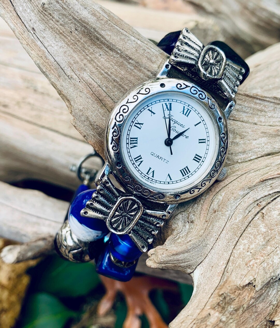 Jacques Couture Silver Tone Filigree Watch With Blue Glass  display picture 2