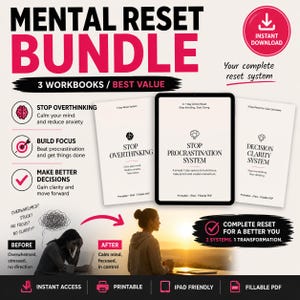 May include: A Mental Reset Bundle graphic with the text "Mental Reset Bundle" in large pink letters. The image includes three workbooks: "Stop Overthinking," "Stop Procrastination System," and "Decision Clarity System."