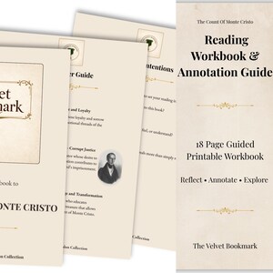 May include: A stack of cream-coloured workbooks and guides for "The Count of Monte Cristo." The cover of the first workbook features the text "The Velvet Bookmark" and a green and gold emblem. The right-most workbook reads "Reading Workbook & Annotation Guide."