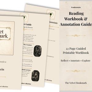 May include: A stack of cream-colored reading workbooks and guides for "Frankenstein." The cover of the workbook features the text "The Velvet Bookmark" and a decorative emblem. The guide includes a 22-page printable workbook.