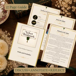 May include: A 27-page reading guide for Pride and Prejudice titled The Velvet Bookmark. The document features gold-bordered pages with text sections including a reading schedule, author information, and a welcome to the salon introduction.