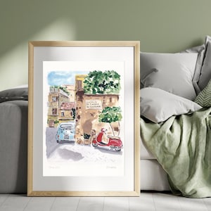 Acquerello Roma Trastevere Stampa Digitale, Illustrazione Italia con Vespa e Fiat 500, Arte da Parete Italiana, Download Immediato