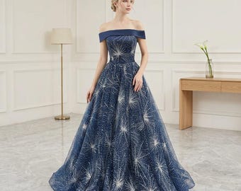 Vestido de gala azul marino con lentejuelas y cola, vestido de noche de graduación con hombros descubiertos