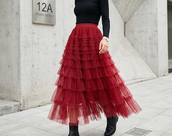 Falda larga de tul con volantes, falda de capas con cintura elástica, faldas largas fluidas para mujer.