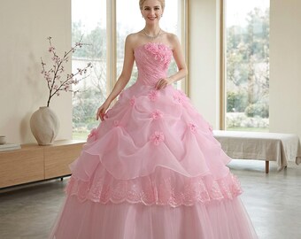 Vestido de princesa rosa con estampado floral, vestido largo de fiesta, elegante vestido de cumpleaños.