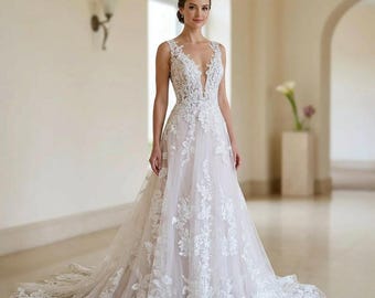 Vestido de novia de encaje con corte en A, corpiño ilusión, vestido de novia con cola de tul floral, elegante novia