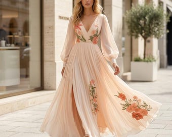 Vestido largo bohemio floral para mujer, cuello en V, cintura alta, ideal para vacaciones de verano.