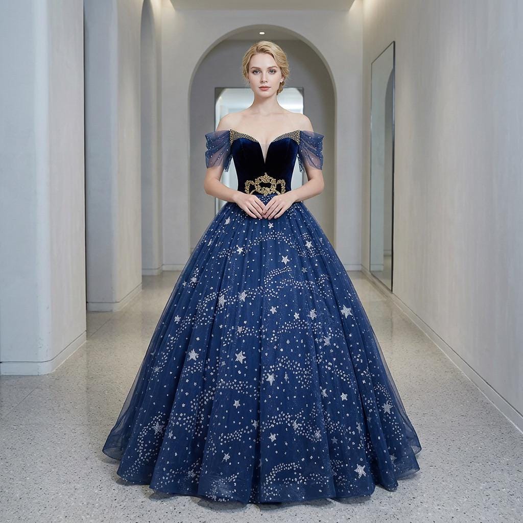 Navy Blue and Gold Evening Gown - Etsy UK