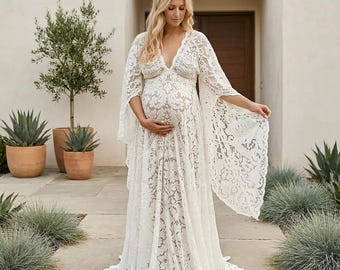White Lace Maternity Maxi Dress Long Sleeve Boho Baby Shower Photoshoot Gown Elegant