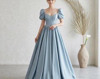 Vestido de princesa plisado azul cielo, vestido de fiesta de manga corta, vestido elegante para fiestas