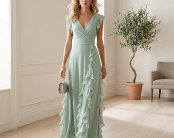 Sage Green Maxi Dress Women V Neck Ruffle Wedding Guest Bridesmaid Summer Dress