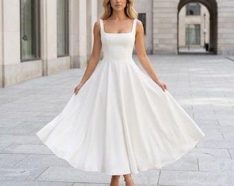 Vestido largo de cuello cuadrado para mujer, corte A, sin mangas, ideal para damas de honor e invitadas de boda. Elegante.