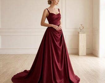 Elegante vestido largo de satén rojo para fiesta de graduación y noche formal.