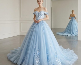 Vestido de princesa azul floral con cola, vestido largo de fiesta, vestido elegante para eventos.