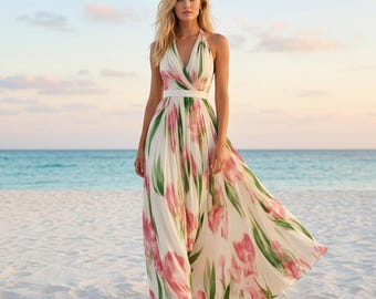 Vestido largo floral con cuello halter, plisado de gasa, sin espalda, estilo bohemio, ideal para bodas de verano.