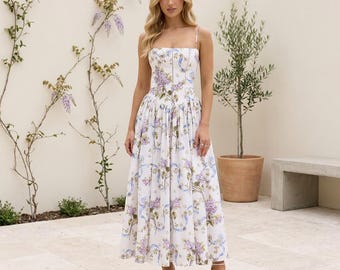 Vestido largo de tirantes con estampado floral, vestido de invitada de boda estilo cottagecore con corsé y corte en A.
