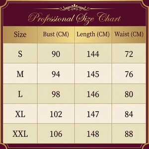 May include: A professional size chart with measurements in centimetres. The chart includes bust, length, and waist sizes for S, M, L, XL, and XXL. The text "Professional Size Chart" is at the top.