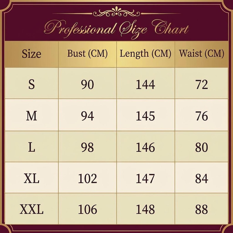 May include: A professional size chart with measurements in centimetres. The chart includes bust, length, and waist sizes for S, M, L, XL, and XXL. The text "Professional Size Chart" is at the top.