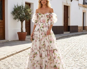 Vestido largo de organza estilo hada, elegante vestido de fiesta sin tirantes y con hombros descubiertos.
