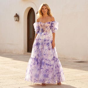 Fairy Organza Maxi Dress Off Shoulder Elegant Strapless Party Dress Purple