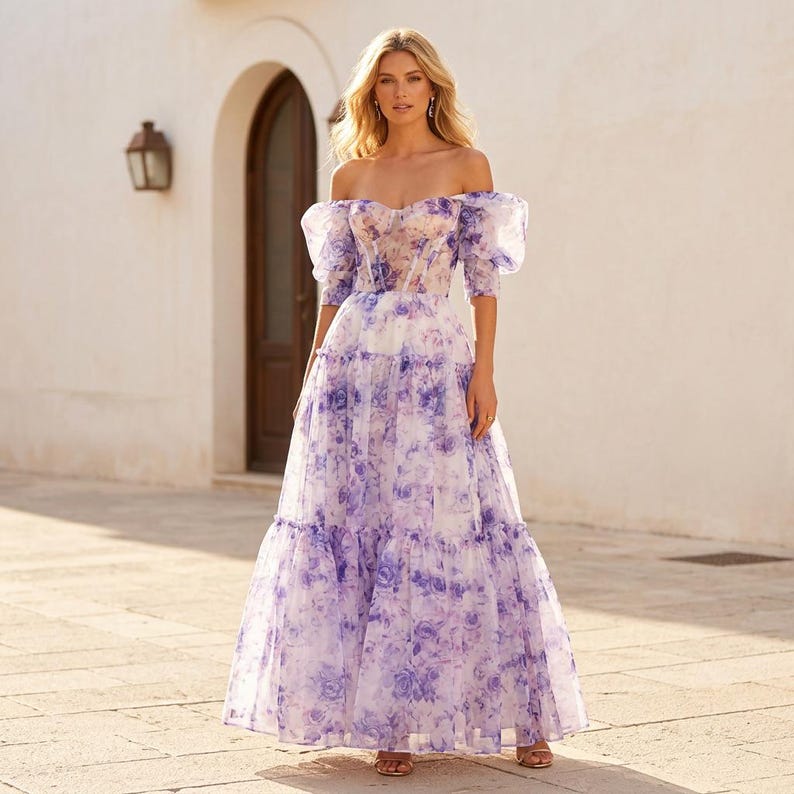 Fairy Organza Maxi Dress Off Shoulder Elegant Strapless Party Dress Purple