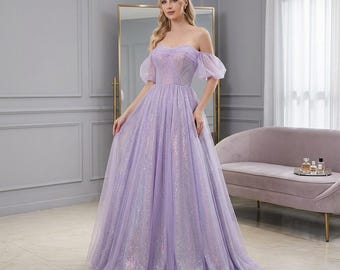 Vestido de fiesta morado con lentejuelas y hombros descubiertos, vestido de princesa brillante, vestido largo de fiesta