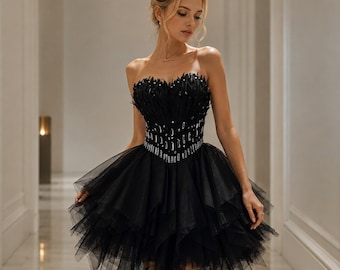 Vestido de tul Cisne Negro, conjunto de ballet de lentejuelas y plumas, vestido tutú de fiesta gótico
