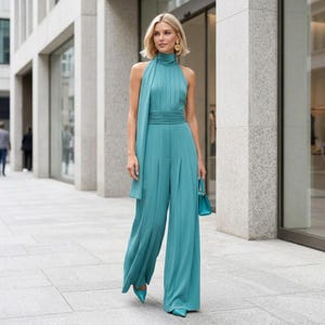 Könnte beinhalten: Ein türkisfarbener Jumpsuit mit hohem Ausschnitt und weitem Bein. Der Jumpsuit hat einen passenden Schärpe und eine kleine Handtasche. Das Outfit wird mit goldenen Ohrringen und passenden türkisfarbenen Schuhen ergänzt. Das Model geht auf einem gepflasterten Gehweg.