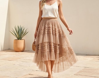 Falda larga de tul con volantes para mujer, falda larga de malla con capas, faldas fluidas de verano.