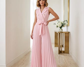 V-Ausschnitt Overall mit weitem Bein Frauen Plissee Brautjungfer Hochzeitsgast Sommer Outfit