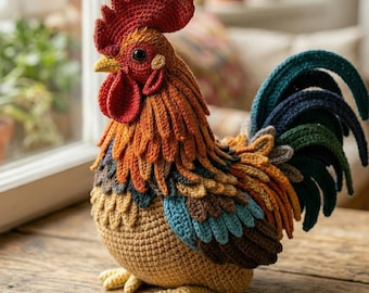 リアルな雄鶏の編みぐるみパターン（多言語対応PDF、詳細な立体チュートリアル付き）