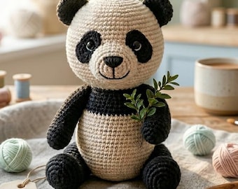 リアルなパンダの編みぐるみパターン（多言語対応PDF、詳細な立体動物チュートリアル）