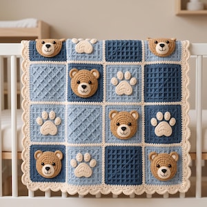Bear Crochet Blanket Pattern | Appliqué, Checkered Baby Boy Blanket (PDF Download)