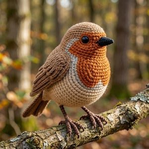 May include: A handmade crochet bird with a round body and detailed wings. The bird features a tan body, a rust-colored breast, and a black beak. It is perched on a textured, brown branch, set against a blurred forest background.
