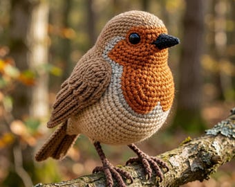 リアルなコマドリの編みぐるみパターン（多言語対応PDF、詳細な立体動物チュートリアル）