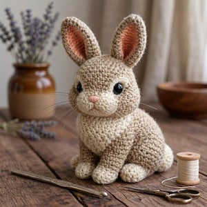 May include: A handmade crochet bunny in shades of brown and cream, with pink accents on the inner ears and nose. The bunny has large black eyes and long whiskers. It is sitting on a wooden surface, with a crochet hook, scissors, and thread nearby.