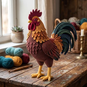 May include: A handcrafted crochet cockerel figurine featuring a vibrant colour palette of deep red, golden yellow, and dark brown feathers, with a prominent dark blue and green tail, standing on yellow legs with detailed claws on a wooden surface.