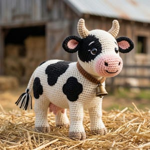 May include: A handmade crochet cow with a black and white pattern, tan horns, and a brown collar with a small bell. The cow has a pink nose and ears, and is standing on a bed of hay.