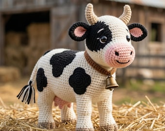 リアルな牛の編みぐるみパターン（多言語対応PDF、詳細な立体動物チュートリアル）