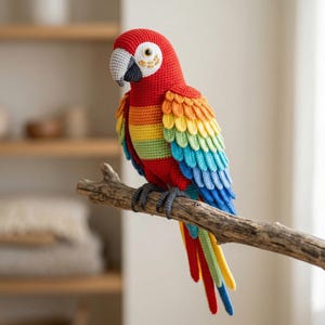 Könnte beinhalten: Ein handgehäkelter Papagei in leuchtenden Farben, der auf einem Ast sitzt. Der Papagei hat einen roten Kopf, eine Regenbogenbrust und Flügel in Blau-, Gelb- und Grüntönen. Das Auge des Vogels ist weiß mit einem gelb-schwarzen Zentrum. Die Füße des Papageis sind grau.