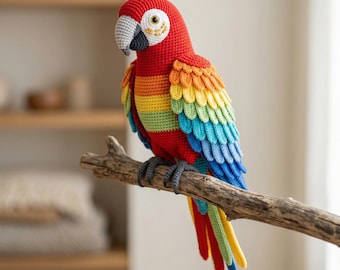 リアルなコンゴウインコの編み図、あみぐるみ、多言語対応PDF、詳細な立体動物チュートリアル