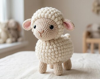 リアルな子羊の編みぐるみパターン（多言語対応PDF、英語、ドイツ語、スペイン語、フランス語、イタリア語、トルコ語、オランダ語）