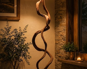 Rustic Driftwood Floor Lamp, Twisted Branch Standing Lamp with Linen Shade, Natural Wood Reading Light, Cabin Living Room Decor