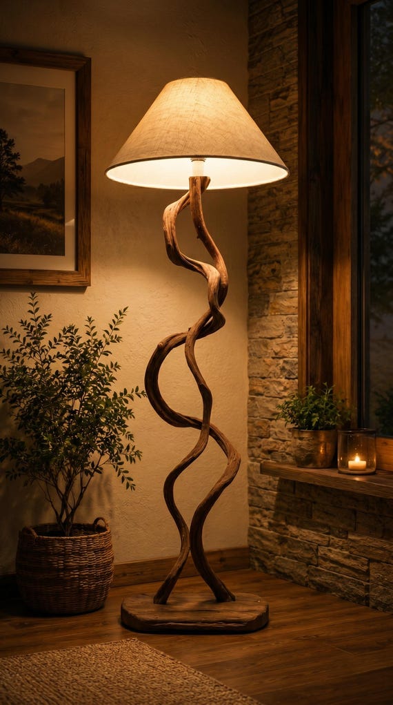 Rustic Driftwood Floor Lamp, Twisted Branch Standing Lamp with Linen Shade, Natural Wood Reading Light, Cabin Living Room Decor