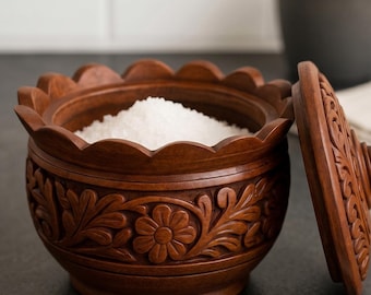 Salière en bois sculpté à la main, sucrier floral rustique avec cuillère