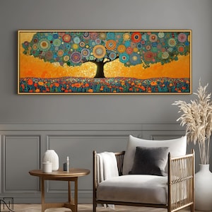 Klimt Style Tree Of Life, Panoramic Abstract Mosaic, Flower Canvas Print Decor