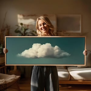 Above Bed Wall Art, Narrow Single Cloud Canvas, Modern Sky Painting, Deep Green Calm Decor