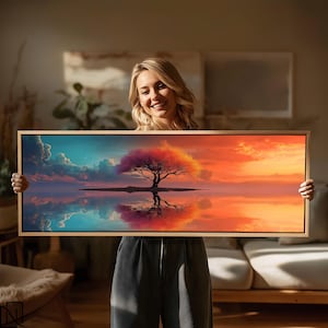 Árbol de la vida colorido, reflejo abstracto de la puesta de sol, lienzo panorámico extragrande, cuadro enmarcado para pared.