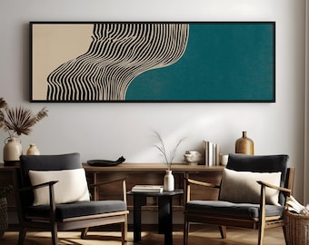 Tonos azules costeros, abstracto de líneas onduladas, estampado beige y negro, lienzo ancho impreso, sala de estar