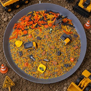 May include: A grey circular tray filled with orange and yellow dyed rice, featuring miniature construction toys including a dump truck, excavator, ladder, traffic cones, brick blocks, a yellow hard hat, and a yellow measuring tape.